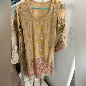 Fancy wedding designer tan party wear 3 piece Pakistani outfit